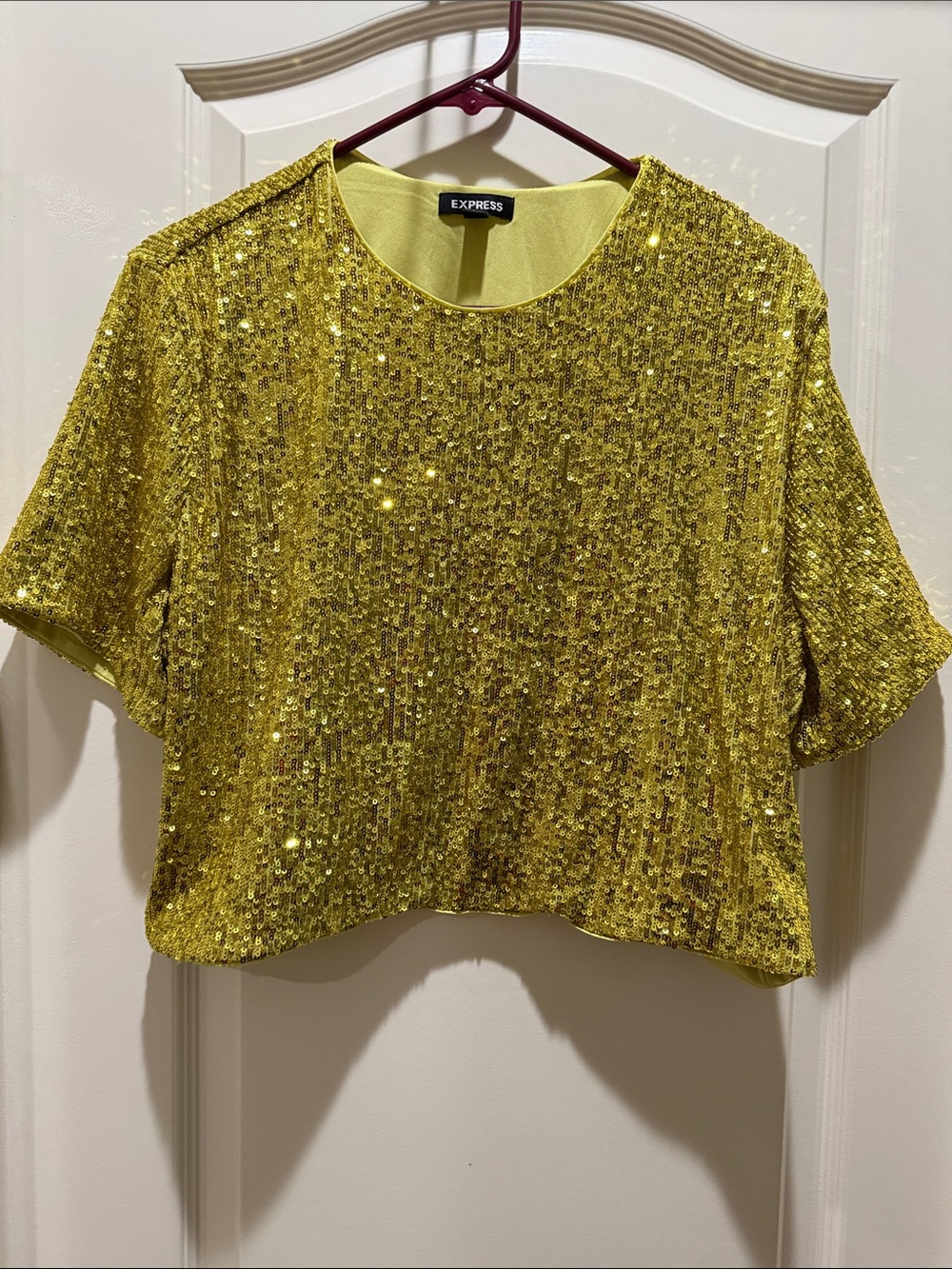 Express NWOT  Gold Sequin Cropped Short-Sleeve Top LARGE